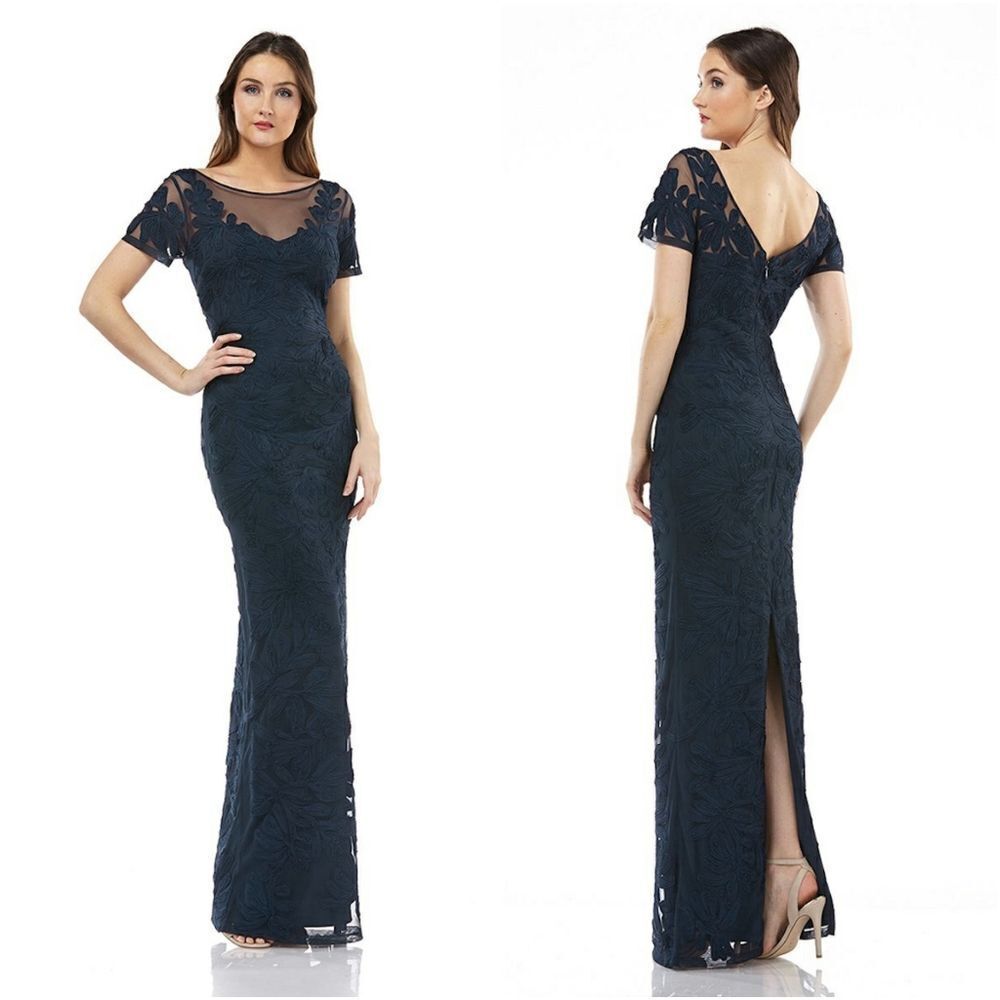 New! JS COLLECTIONS Women's Illusion Yoke Soutache Gown Dress Navy Blue